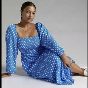 Anthropologie Blue Polka Dot Smocked Midi Dress